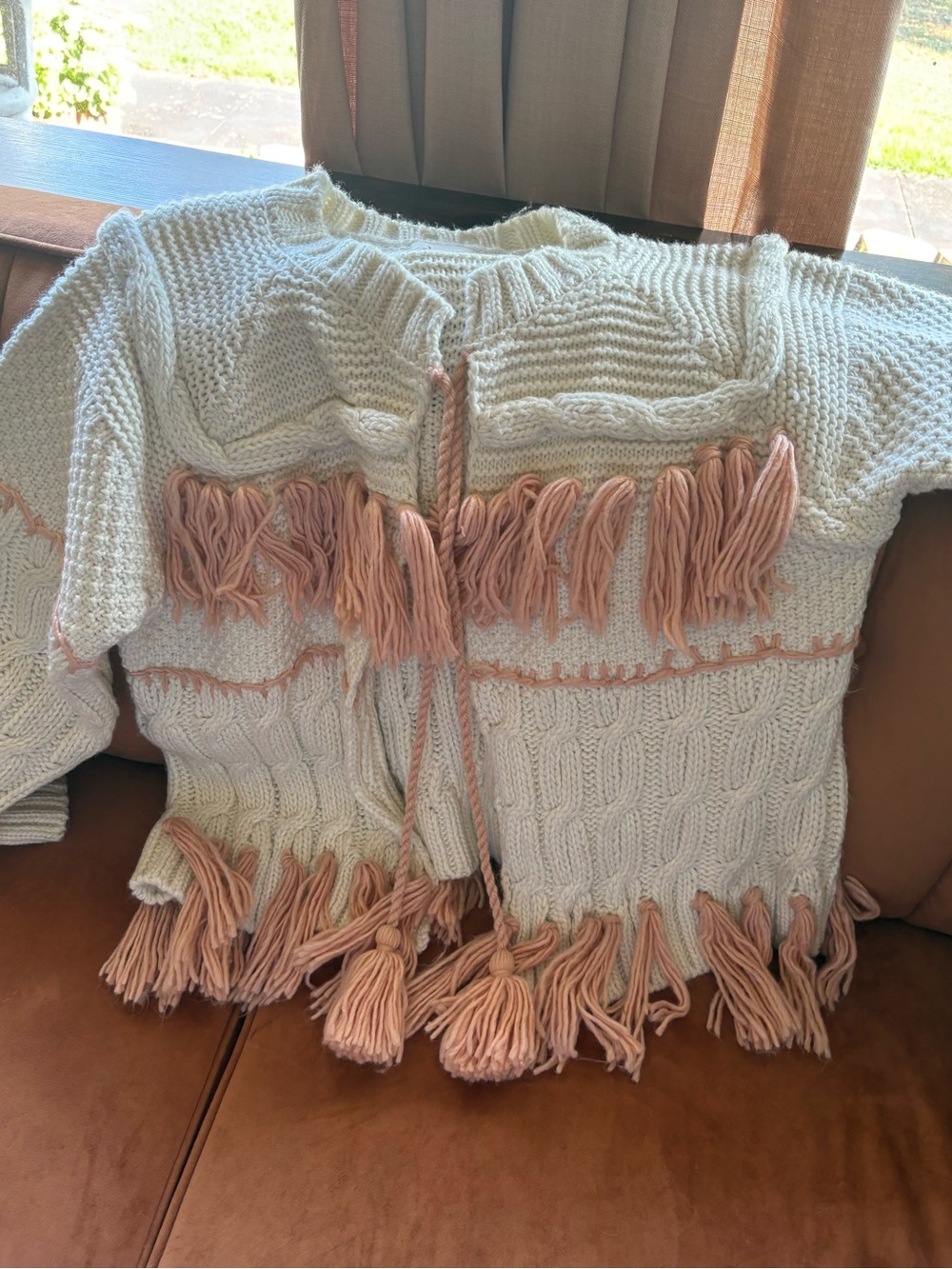 Anthropologie Cream Cardigan with Blush Fringe Trim